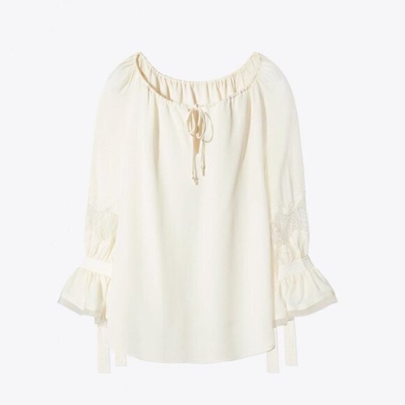 TORY BURCH 100% SILK WILLOW BLOUSE Ivory Top Lace - Picture 2 of 11